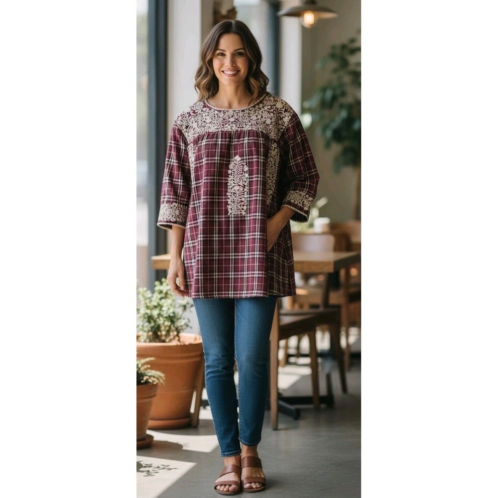 Layers Clothing Plaid Floral Embroidered Top Boho Chic Cottagecore SZ 2XL